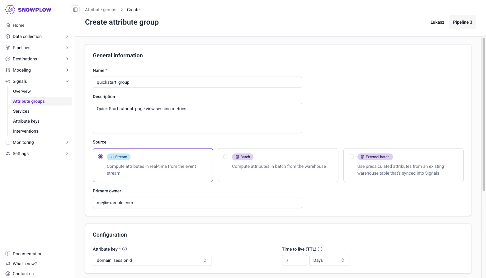 Create attribute group form with name, description, data source, and owner fields