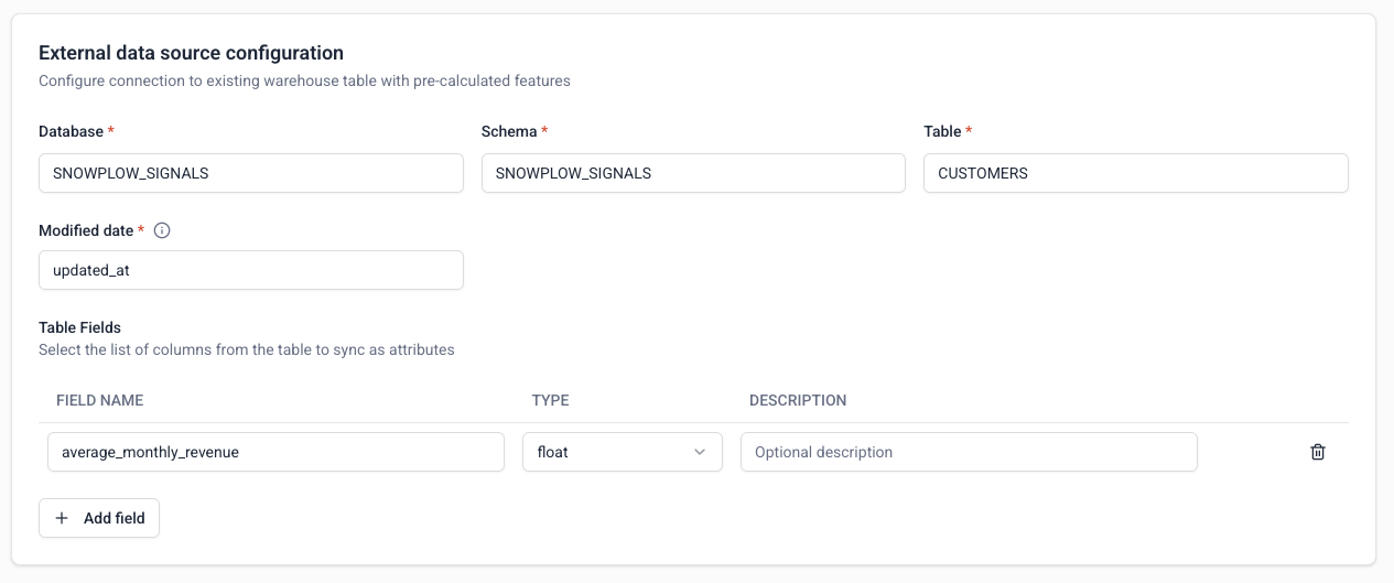 External batch source configuration showing warehouse table and field mapping options
