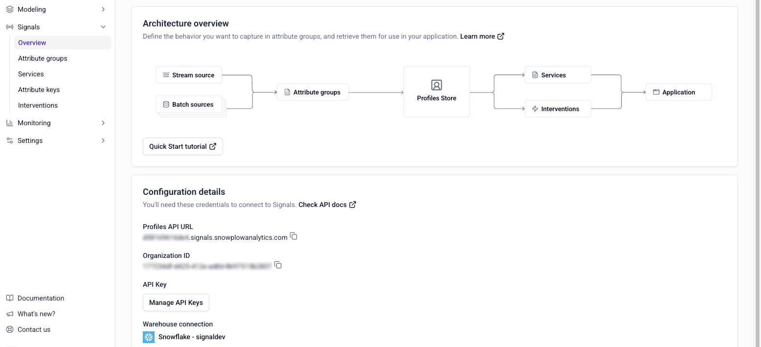 Console Signals landing page with navigation for attribute groups, services, and interventions