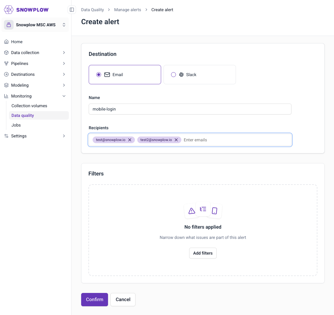 Email destination configuration
