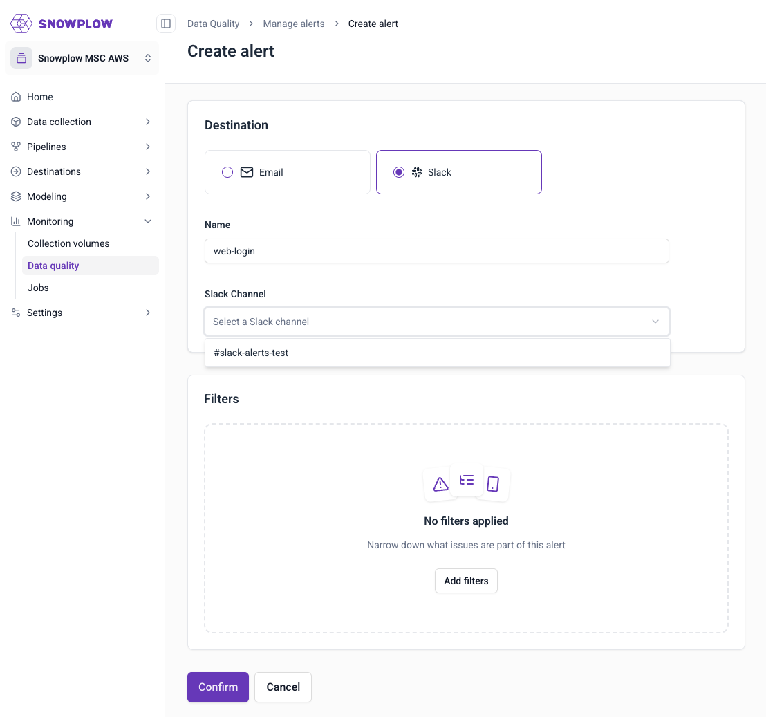 Slack destination configuration