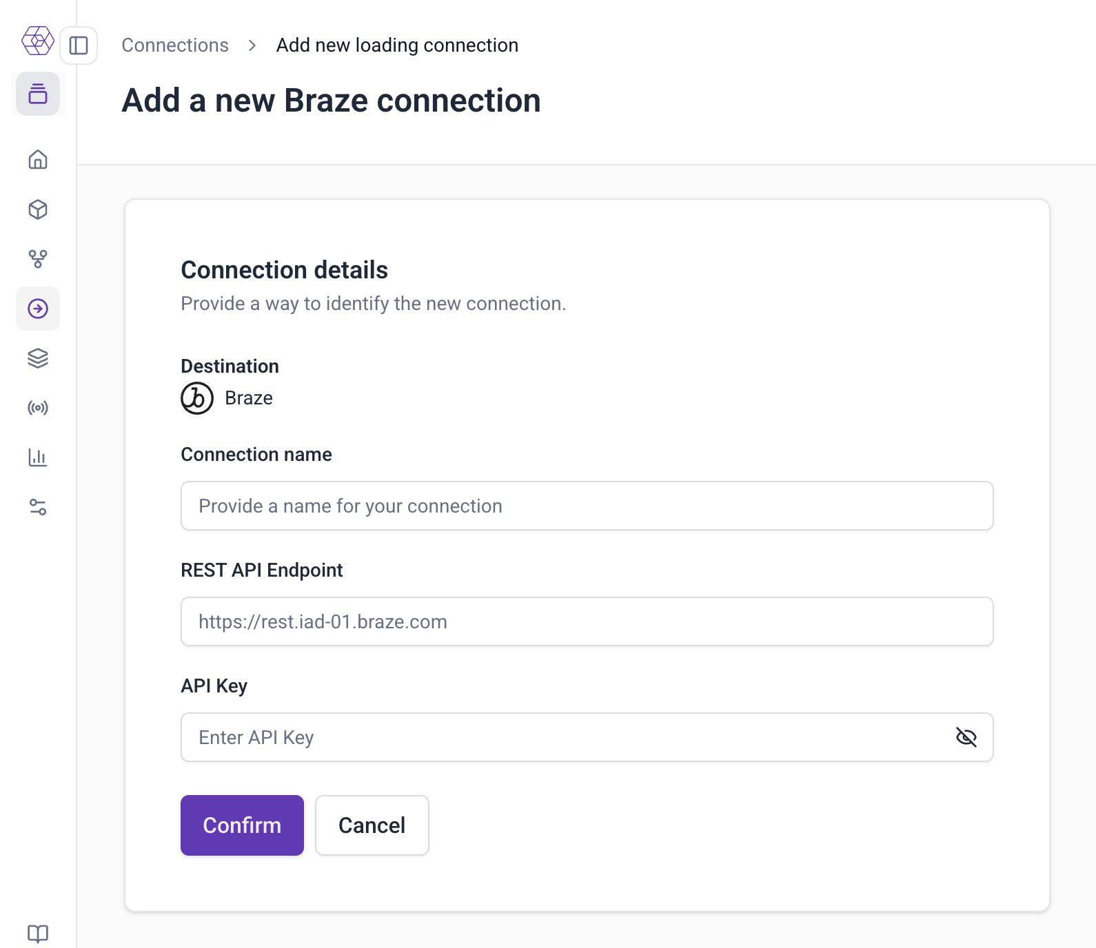 Console interface for creating a new destination connection with authentication and endpoint configuration fields