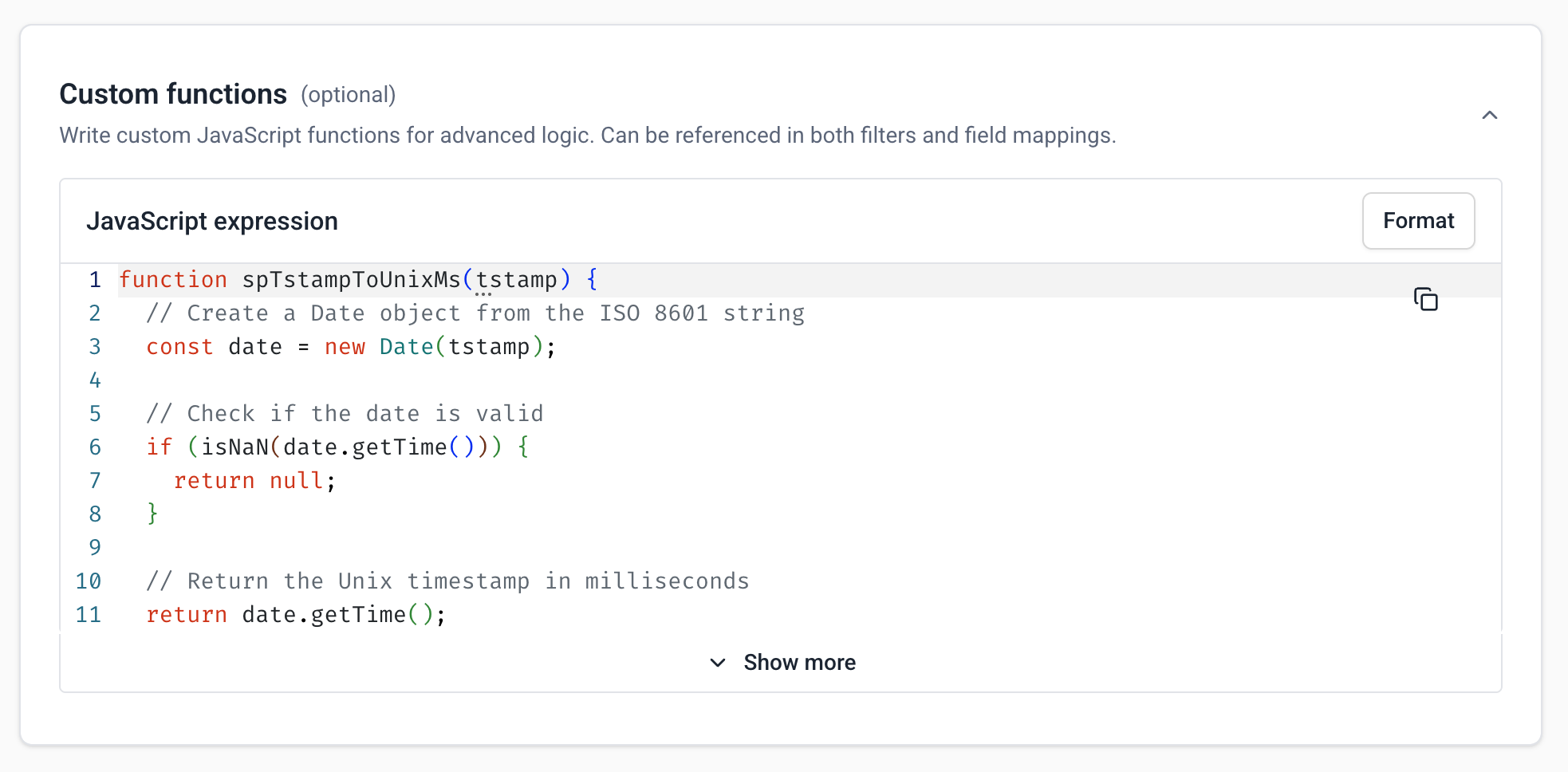 Custom functions editor with JavaScript code for complex data transformations in event forwarding