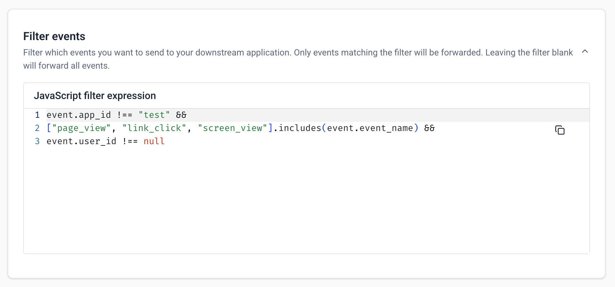 Event filtering configuration panel showing JavaScript expression field for defining which events to forward