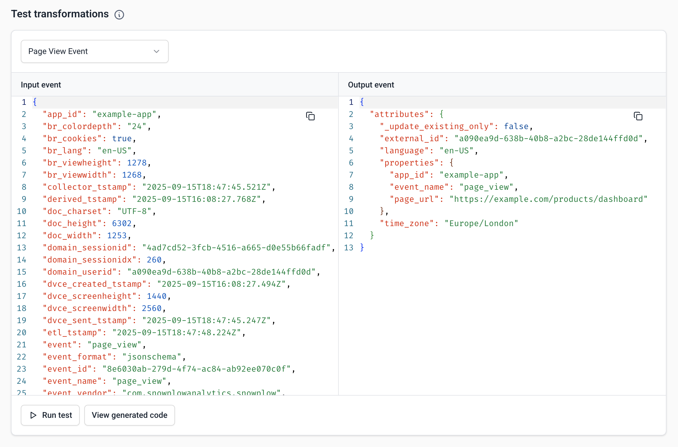 Test transformation interface showing sample event input and JSON output preview with run test button