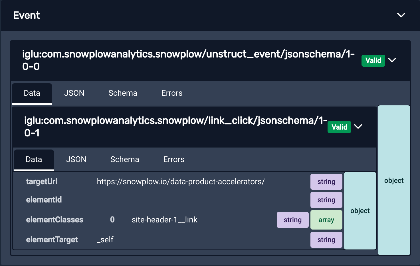 A Self Describing Event called 'example_event' is displayed in the Snowplow Inspector extension. It contains a property 'example_field_1' with the value 'abc'. The extension says the event is Valid against its schema, signalled by green text.