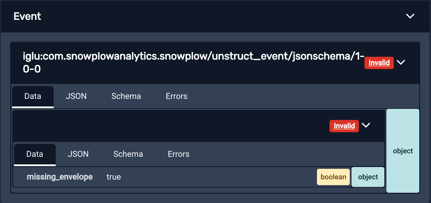 A Self Describing Event called 'example_event' is displayed in the Snowplow Inspector extension. It contains a property 'example_field_1' with a null value. The extension says the event is Invalid against its schema, signalled by a bright red background.