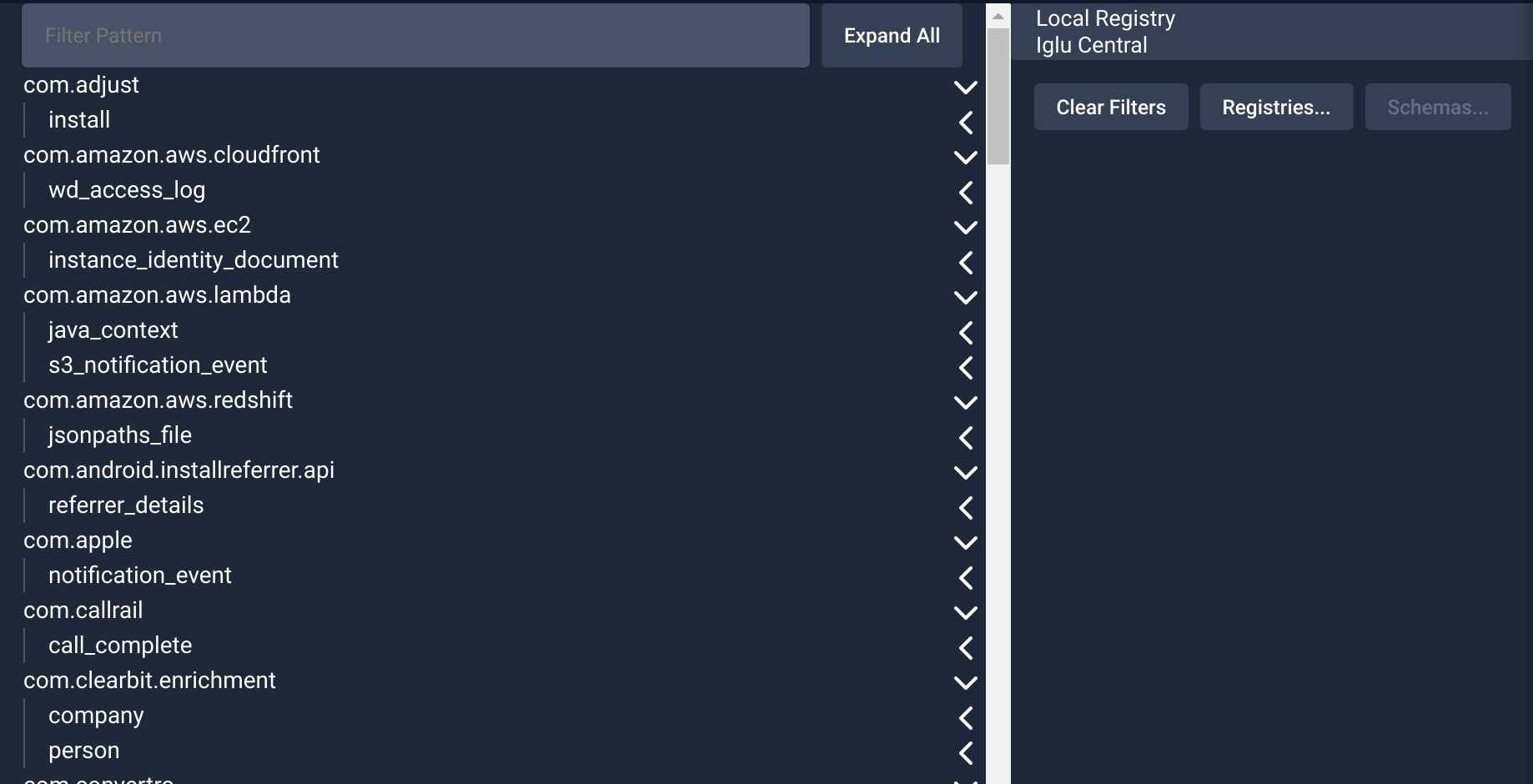 The Snowplow Inspector extension's Manage Schemas view is shown. Two Iglu registries are listed on the right with buttons for management. The main display has a searchable directory of schemas, grouped by vendor, name, format, and version.