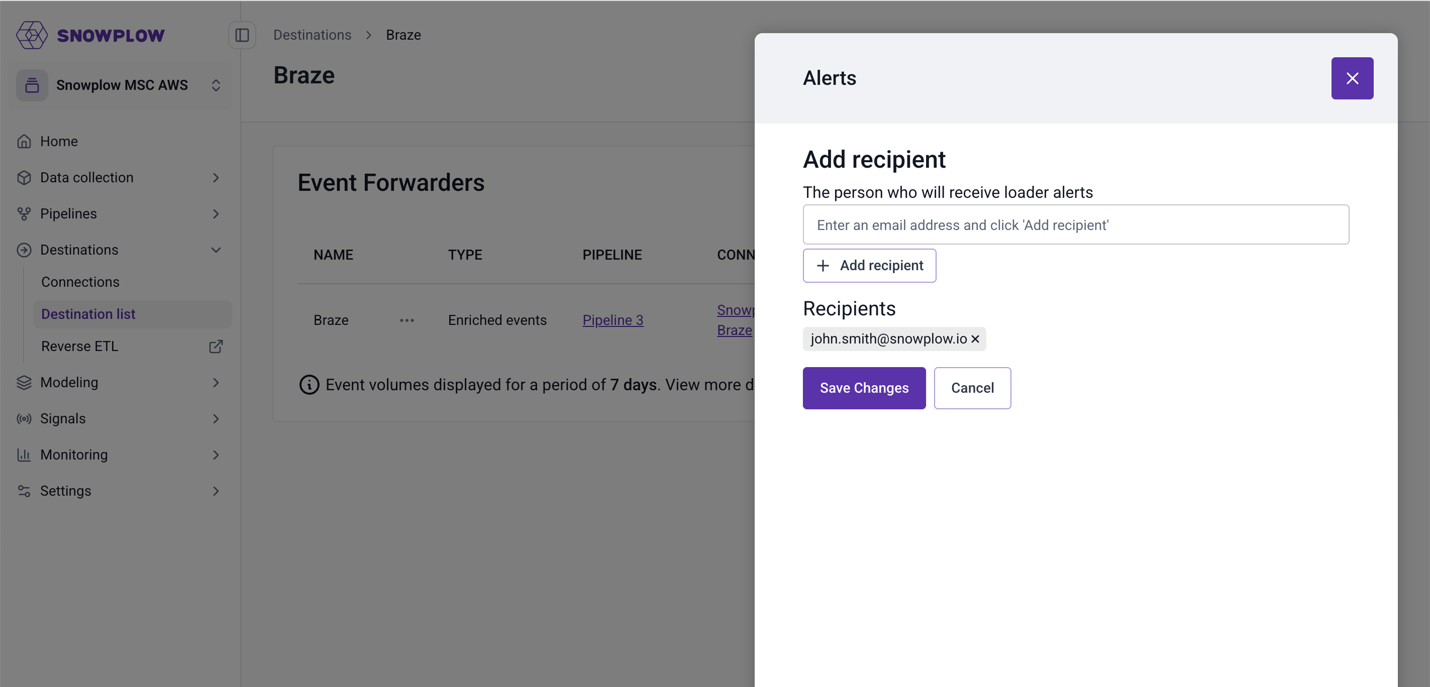 Setup alerts modal dialog for configuring email addresses to receive forwarder error notifications